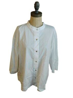 Eileen Fisher Size L Large White Mandarian Neck Button Down Designer Top
